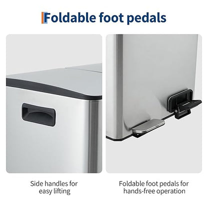 Garvee Dual Compartment Trash Can, 2 x 5.3 Gal (2 x 20L) Stainless Steel Recycling Bin with Foldable Foot Pedal & Soft-Close Lid, Kitchen Garbage & Recycle Combo - Silver