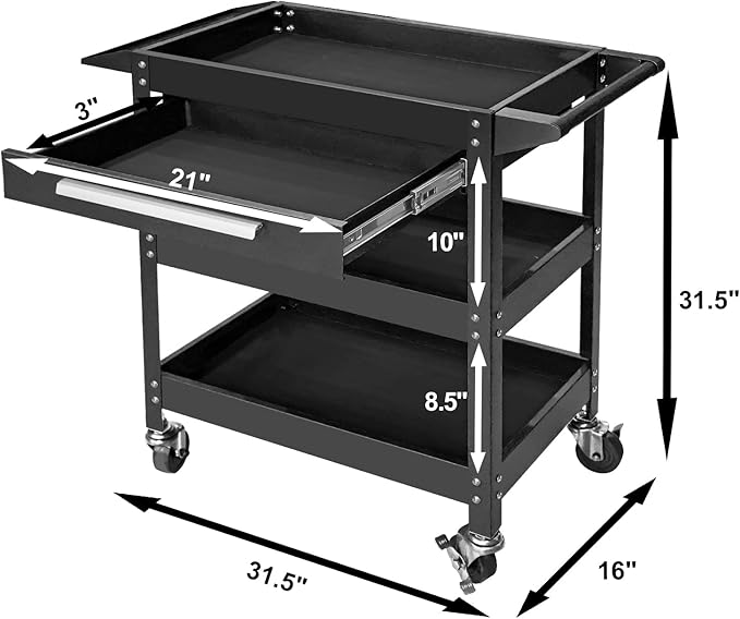 GSTANDARD APTB311B Torin 3 Layer Rolling Tool Cart: Heavy Duty Utility Cart with One Slide Drawer and Tool Organizer for Home, Garage, Warehouse and Auto Shop, Black