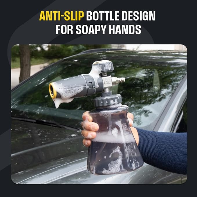 Active Foam Cannon with ¼ inch quick connector for Electric and Gas Pressure Washers. Wide-mouth bottle and variable spray to generate thick snow foam spraying for home DIY car wash & detailing (JH70)