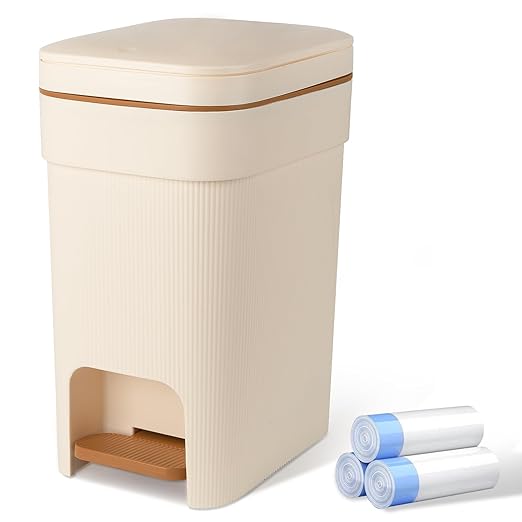 JiatuA Small Bathroom Trash Can with Lid Soft Close, 4 Gallon Step Garbage Can Slim Trash Bin Wastebasket for Kitchen Bedroom Office Living Room Toilet College Dorm, Cream