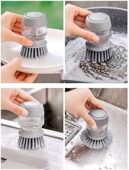 Soap Dispenser Palm Dish Brush with Storage Bracket – Drainage Base, Easy-to-Clean Kitchen Utensil Cleaner | Includes Extra Soft Bristle Brush Head (Gray)