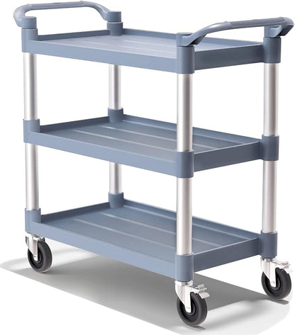 Plastic Utility Carts with Wheels, 3-Tier Large Size Restaurant Food Cart, Heavy Duty 600lbs Capacity Rolling Service Cart w/Hammer for Commercial, Kitchen, Office (Lockable Wheels, L-Grey)