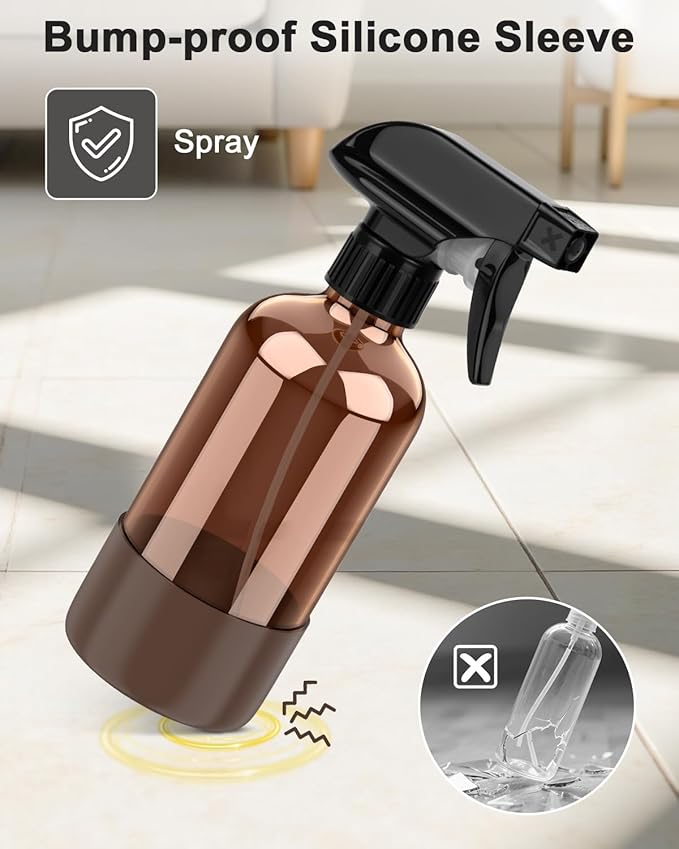 Bontip Amber Glass Spray Bottle with Silicone Sleeve Protection, 8 oz Refillable Spray Bottles for Cleaning Solutions, Plants, Aromatherapy, Facial Hydration (1, Brown, 8 oz)