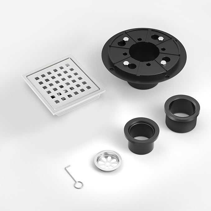 EXF Square Shower Drain 4-3/8 Inch Chrome, Stainless Steel Shower Floor Drain Kit with ABS Flange, Removable Cover Grid Grate, Hair Strainer