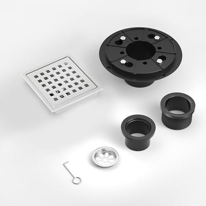 EXF Square Shower Drain 4-3/8 Inch Chrome, Stainless Steel Shower Floor Drain Kit with ABS Flange, Removable Cover Grid Grate, Hair Strainer