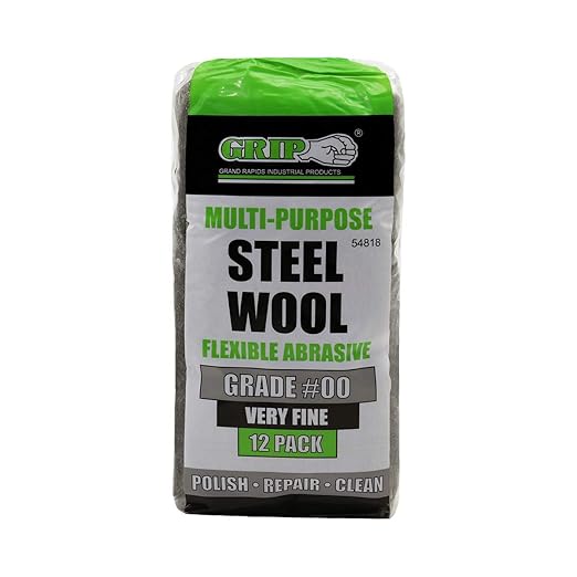 Grip Multi-Purpose Steel Wool Flexible Abrasive 12 Pack (Very Fine #00) - Polish/Restore Aluminum, Copper, Brass - Remove Old Finishes - Repair Burn Marks in Wood - Home, Garage, Workshop