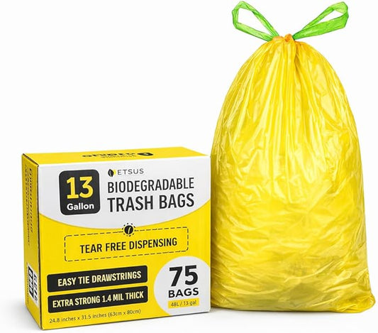 13 Gallon Biodegradable Trash Bags with Drawstring, 75 Count – 1.4 Mil Thick Plant Based Tall Kitchen Garbage Bags with Convenient Tear-free Dispensing, Heavy Duty Leak Resistant Green Garbage Liners