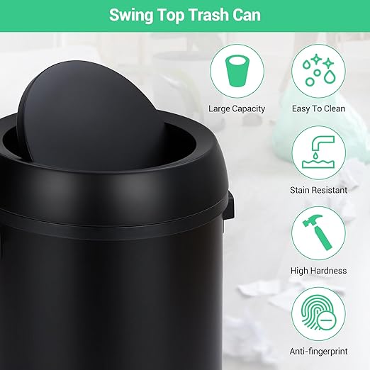 Garvee 65 L/17 gal Swing Top Trash Can, Fingerprint-Proof Stainless Steel Garbage Can, Heavy Duty Commercial Round Trash Bin with Swing Lid for Kitchen, Outdoor, Home, Office, Black