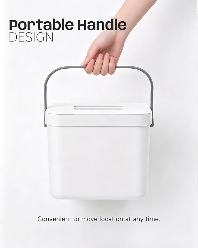 Kitchen Compost Bin - 1.8 Gallons Hanging Trash Can with Lid for Kitchen Cabinet Door, Under Sink, Wall Mounted Waste Bin for Bathroom, 7L(White)