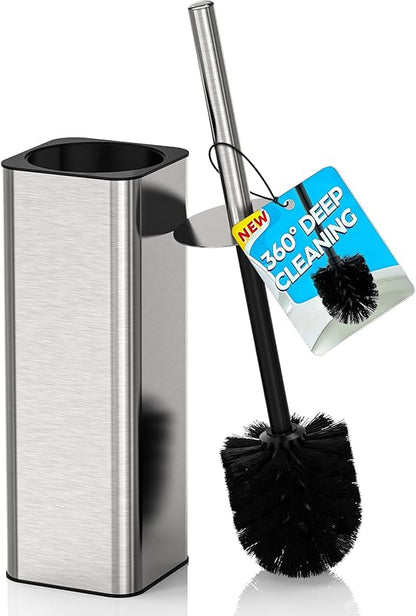 DOWRY Stainless Steel Toilet Bowl Brush and Holder for Bathroom, Deep Cleaning Toilet Brush and Holder Set with Long Handle, Hidden Toilet Bowl Brush with 2 Heads,Modern Decor Nickel Brushed Square