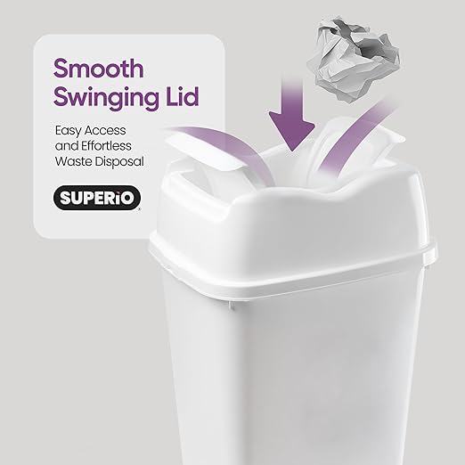Garbage Can with Swing Top-Split Lid | Large Kitchen Trash Can with Lid | Durable Plastic |Slim & Sturdy Trash Bin | Fingerprint Resistant | 13 Gallon / 50 qt / 50 L - White | Superio