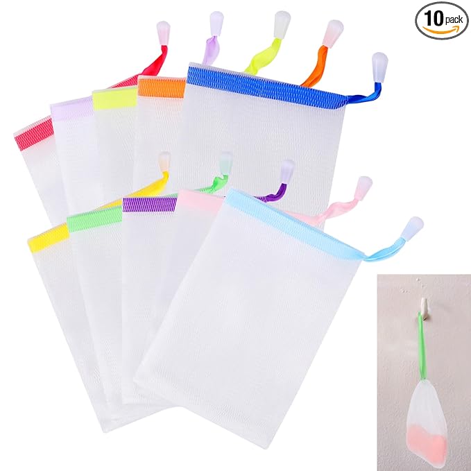 10 PCS Soap Bags Handmade Soap Bubble Mesh Bags Exfoliating Soap Saver Pouch Net Bags with Drawstring Body Facial Cleaning Tool for Bath and shower, Assorted Colors