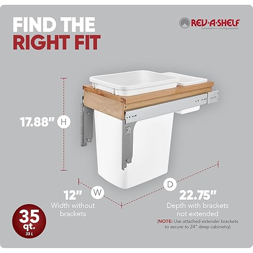 Rev-A-Shelf 35 Qt Top Mount Single Pullout Under Cabinet Kitchen Trash Cans for Base Cabinets, 150 Pound Rated Full-Extension Slides, Min Opening Width of 12", White, 4WCTM-12DM1