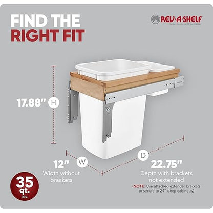 Rev-A-Shelf 35 Qt Top Mount Single Pullout Under Cabinet Kitchen Trash Cans for Base Cabinets, 150 Pound Rated Full-Extension Slides, Min Opening Width of 12", White, 4WCTM-12DM1