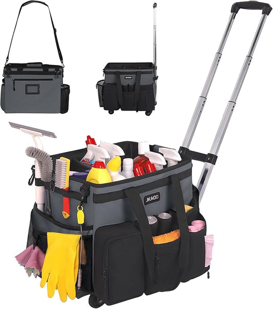 JKAOO Large Rolling Cleaning Caddy Bag with Detachable Trolley, Waterproof Cleaning Caddy on Wheels for Housekeepers, Cleaning Cart Supplies Organizer for Home,Car,Office,Picnic(Gray)(InPatent)