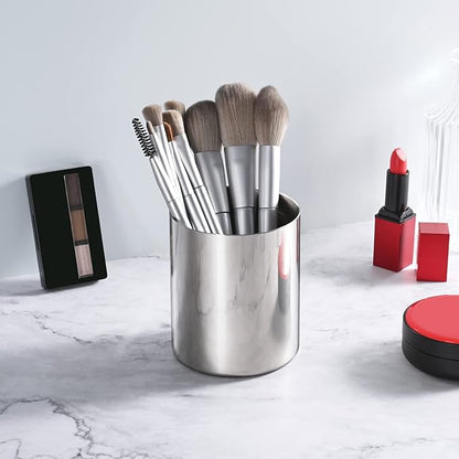 2 Packs Silver Round Stainless Steel Pen Holder,Minimalist Mini Metal Vase,Desktop Stationery Organizer,Vacuum Plating Makeup Brush Holder
