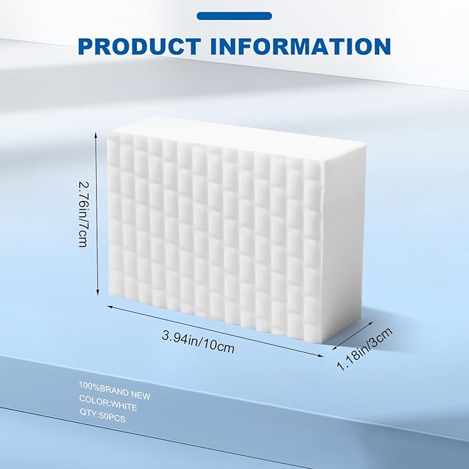 50-Pack Extra-Thick Melamine Sponges 3.94" 2.76" 1.18" Durable Kitchen & Bathroom Cleaning Pads Powerful, Non-Scratch, Water-Activated Magic Sponge
