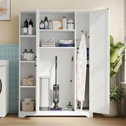 YITAHOME Wooden Garage Broom Cabinets with Adjustable Shelves, Multifunctional Organizer for Ironing Boards and Vacuum Cleaners, Tool Storage Cabinet for Gym, Basement, Warehouse, Oak White