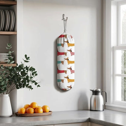 Cute Dogs Plastic Bag Holder, Reusable Shopping Bags Storage Dispenser, Lovely Dog Fabric Garbage Trash Bag Dispenser for Home Kitchen Pantry Cabinet, Wall Mount, Women Gifts