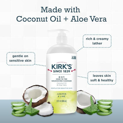 Kirk's Juniper & Lime 3-in-1 Nourishing Cleanser, Shampoo Body Wash Bubble Bath, Coconut Oil and Aloe Vera, Vegan Non-GMO, 32 Fl Oz