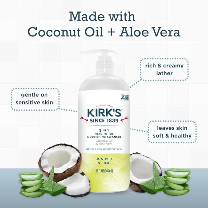 Kirk's Juniper & Lime 3-in-1 Nourishing Cleanser, Shampoo Body Wash Bubble Bath, Coconut Oil and Aloe Vera, Vegan Non-GMO, 32 Fl Oz, Pack of 2