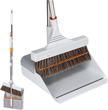 Broom and Dustpan Set with Adjustable Handle, Upright Design, Built-in Comb Teeth, Mint Green, for Home Office Hardwood Floors Pet Hair (Silver/Gray)