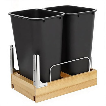 Double Pull Out Trash Can Under Cabinet, Extra Large Dual 48 Qt Bins with Wood Frame, Min Opening Width of 15.5" - Pull Out Garbage Can for Kitchen Cabinet with Soft-Close Slide Out Trash Can Cabinet