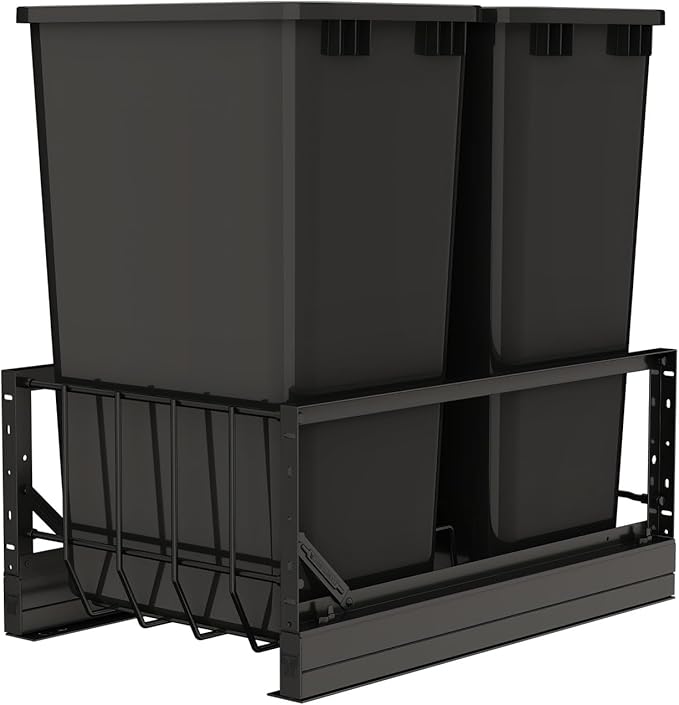 Rev-A-Shelf Aluminum Double Pullout Waste Container for Kitchen Base Cabinets, 50 Qt Trash Can with Soft-Close Slides, Black, 5349-2150DM-218