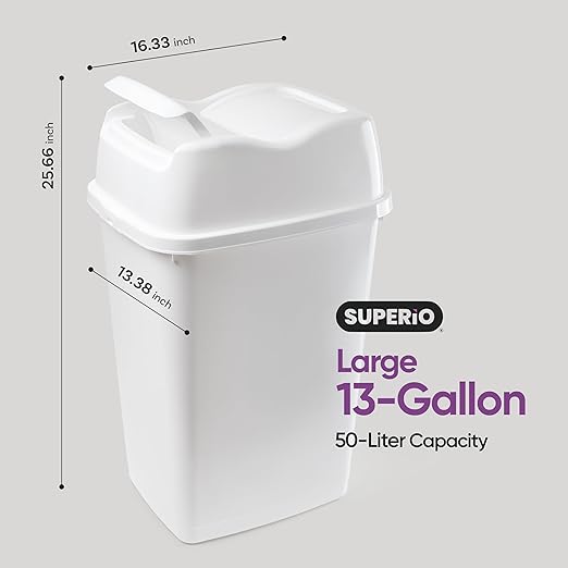 Garbage Cans with Swing Top-Split Lids, 2 Pack | Large Kitchen Trash Cans with Lids | Durable Plastic |Slim & Sturdy Trash Bins | Fingerprint Resistant | 13 Gal / 50 qt / 50 L - White | Superio