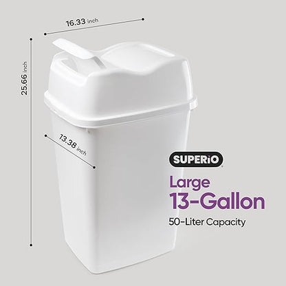 Garbage Can with Swing Top-Split Lid | Large Kitchen Trash Can with Lid | Durable Plastic |Slim & Sturdy Trash Bin | Fingerprint Resistant | 13 Gallon / 50 qt / 50 L - White | Superio