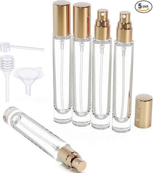 10ML 5Pack Glass Perfume Bottle Set, Mini Perfume Bottles Refillable With Dispenser Tools, Cologne Atomizer Empty, Pocket Spray Bottle for Travel and Sample Container
