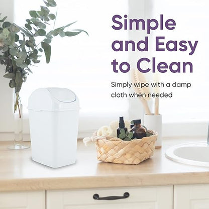 Superio Mini Desktop Trash Can with Swing Top Lid Portable Plastic Garbage Can for Countertop, Desktop, Make up Vanity, Bathroom, Car, Under Sink, Dorm, Compact Waste Bin 5 L, 1.25 Gal. (White)