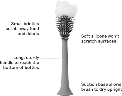 ezpz Bottle Brush (Gray) - Odor-Resistant Silicone Cleaning Tool with Long Sturdy Handle and Suction Base - Flexible Top for Tight Spaces - Gently Cleans Cups, Glasses, Bottles and Accessories