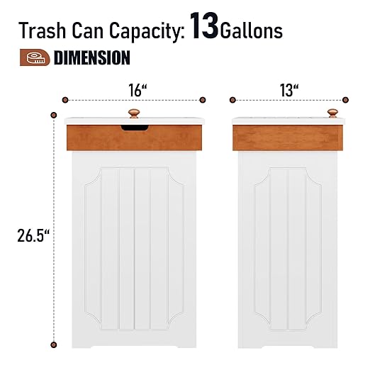Function Home Trash Can Cabinet, 13 Gallon Kitchen Garbage Can, Wood Recycling Trash Bin, Freestanding Dog Proof Trash Can, Farmhouse Trash Cabinet with Lid for Home Kitchen Bathroom, White