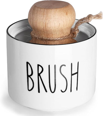 ONTUBE Ceramic Dish Brush Holder, Farmhouse Scrub Brush Holder Dishwashing Brush Stand, Soap Dispensing Kitchen Brushes Holder (White)