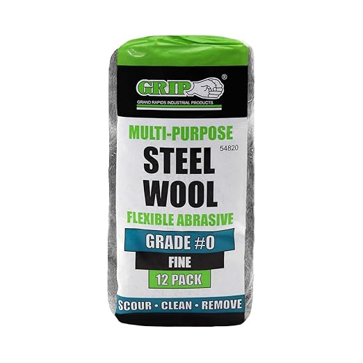 Grip Multi-Purpose Steel Wool Flexible Abrasive 12 Pack (Fine #0) - Non-Abrasive - Scour Pots, Pans, Metal Surfaces - Clean Porcelain, Tile, Grout - Remove Rust - Home, Garage, Workshop