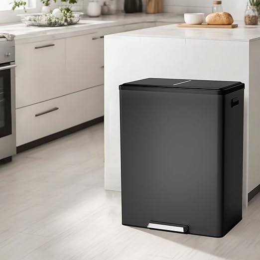 16 Gallon/60 L Dual Trash Can, Stainless Steel Garbage Can with Soft-Close Lid & Step Pedal, 2 x 8 Gallon Commercial Double Recycling Bin with 2 Removable Inner Buskets for Kitchen Office, Black