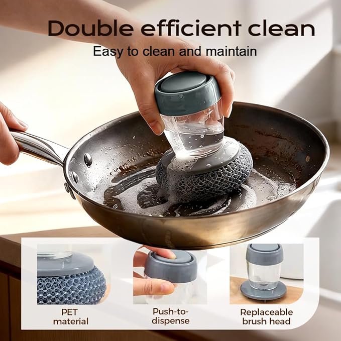 Comfort Grip Soap Dispensing Kitchen Scrub, 2026 New Dish Brush Soap Dispenser, Built-in Liquid Dispenser, with Replaceable Nylon/Wire Bristles (2 Steel Wire Brushes + 4 Accessories)