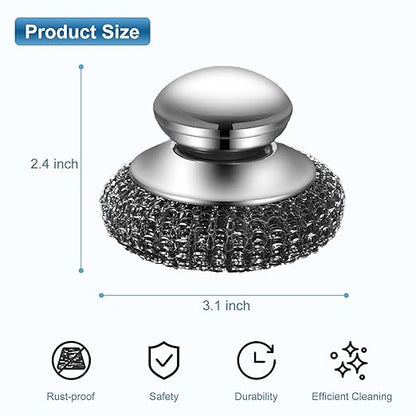 Steel Wool Scrubber with 2 Replacement Pads,Dish Scouring Pads for Cleaning Cast Iron, Dishes, Kitchen Pots, Pans, Grills, Stoves, Sink & More