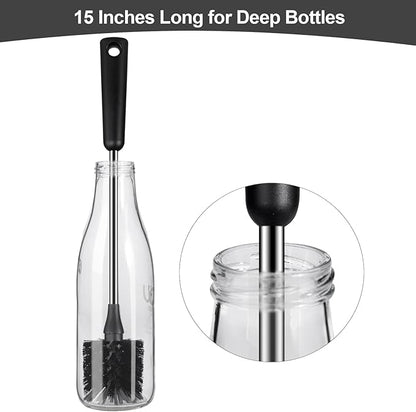 Water Bottle Brush with Straw Cleaner, 15 Inches Stainless Steel Handle Baby Bottle Brush Cleaner, Kitchen Scrub Cleaning Brushes for Cup, Wine Glasses, Coffee Mugs, Tumblers, Wine Decanters, Black