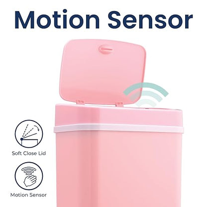 Ninestars 3 Gallon Automatic Trash Can, 12L Touchless Motion Sensor Bathroom or Bedroom Garbage Can with Odor-Sealing Lid, Impact-Resistant ABS Plastic, Pink