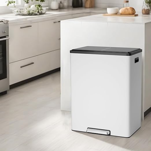 Large Stainless Steel Dual Compartment Recycling Trash Can 60 l/16 Gal Recycle Bins with Lid Waste Bin with Removable Buckets, Bathroom,Kitchen Garbage Can,White