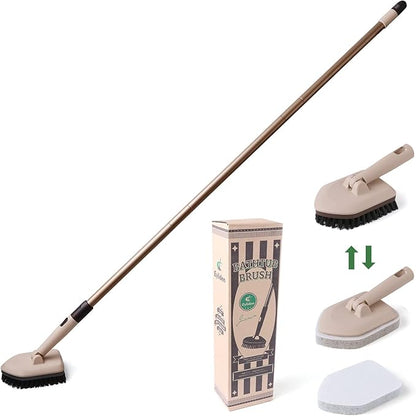 Eyliden Shower Scrubber with Long Handle, Tub and Floor Scrub Brush for Bathroom, Tile, Bathtub, Grout, Sink, 2 Type Cleaning Heads - 1 Stiff Bristle & 2 Non-Scratch Pads, 180° Swivel Head