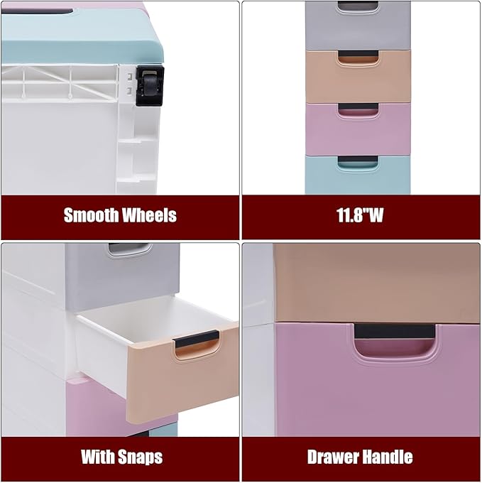 5 Drawer Stackable Storage Tower,Plastic Drawers Dresser,Narrow Rolling Storage Cabinet for Livingroom,Colored