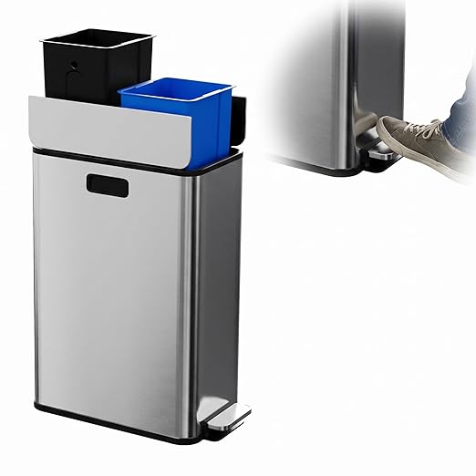 15-Gallon Dual Trash Can, Step-On Pedal Kitchen Trash Bin with Butterfly Lid, Odor-Proof Stainless Steel Large Trash Recycle Bin Combo with Removable Inner Buckets (2 x 28L) - Silver