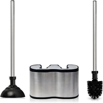 Casaphoria Stainless Steel Toilet Bowl Brush with Holder and Plunger Set, Freestanding Canister for Bathroom, 2 in 1 Hideaway Holder Heavy Duty Unclogger Plunger