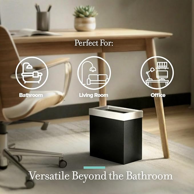 Gatco Small Bathroom Trash Can with Lid, Rectangle 3 Gallon Stainless Steel Wastebasket, Under Sink, Matte Black and Satin Nickel, for Bathroom, Bedroom, Office (1918SN)
