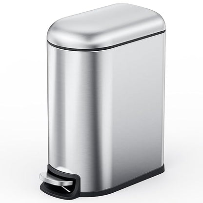 CEROELDA Small Bathroom Trash Can with Lid Soft Close, 5L/1.3 Gallon Stainless Steel Slim Garbage Can, Metal Waste Basket with Step Pedal, for Office, Bedroom, Toilet, Dorm Room (Silver, 1.3 Gallon)