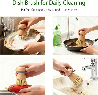 2 Pack Wooden Dish Brush, Compact Palm Dish Scrubber with Soft Rubber Hanging Ring, PBT Bristles Kitchen Scrub Tool for Dishes, Pots, Pans and Sink Cleaning
