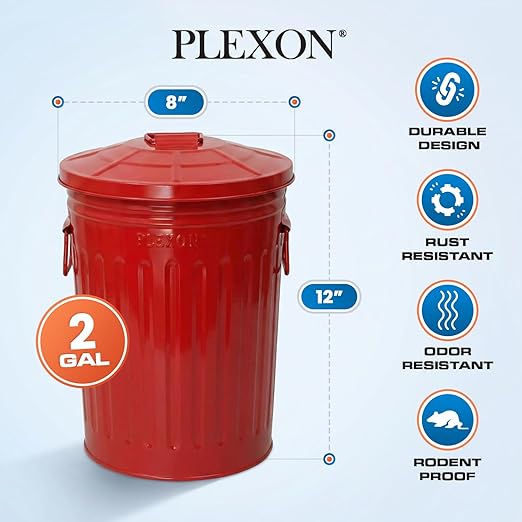 Plexon 2 Gallon Small Metal Trash Can with Lid Bathroom Garbage Can with Lid Bathroom Trash Can for Bedroom Office Kitchen Indoor Waste Basket, Round Powder Coated Red Bucket